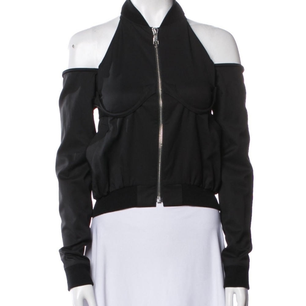Helmut Lang Black Off-Shoulder Cropped Bomber Jacket Size S